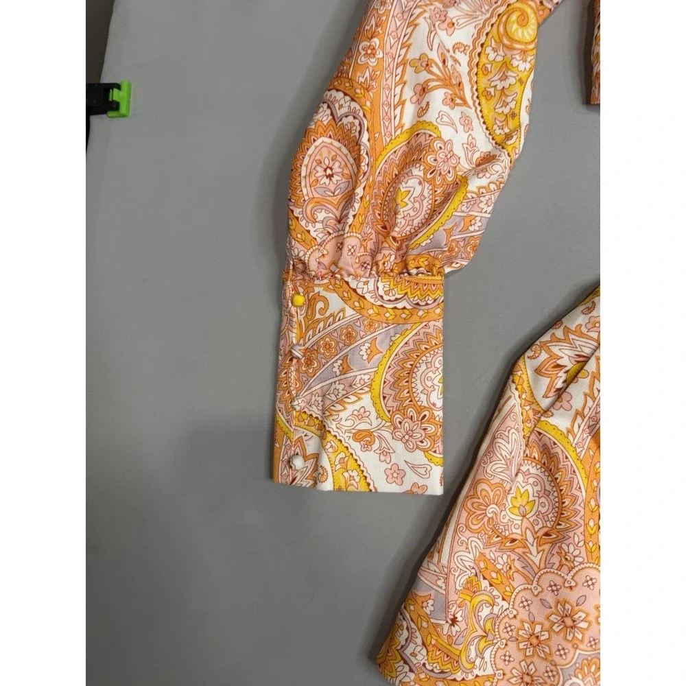 Mulla Linen Paisley Crop Top and Shorts Set L Orange White W/Belt Lined Party